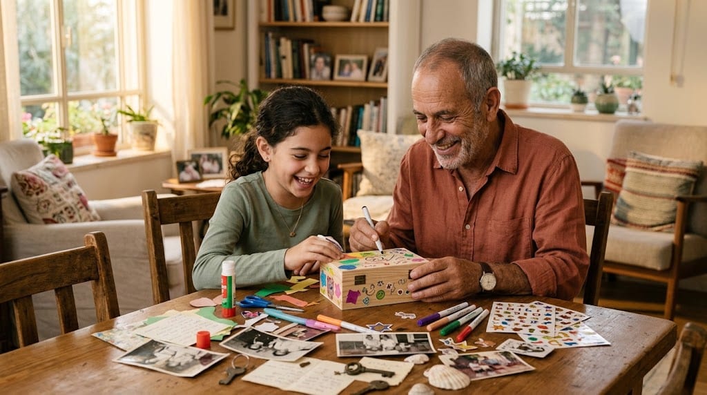 סבא ונכדה מקשטים יחד קופסת זיכרונות עם תמונות ומדבקות