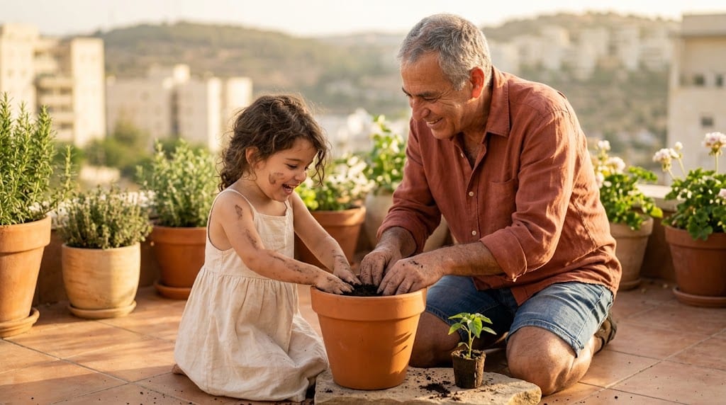סבא ונכדה ממלאים עציץ באדמה עם הידיים במרפסת