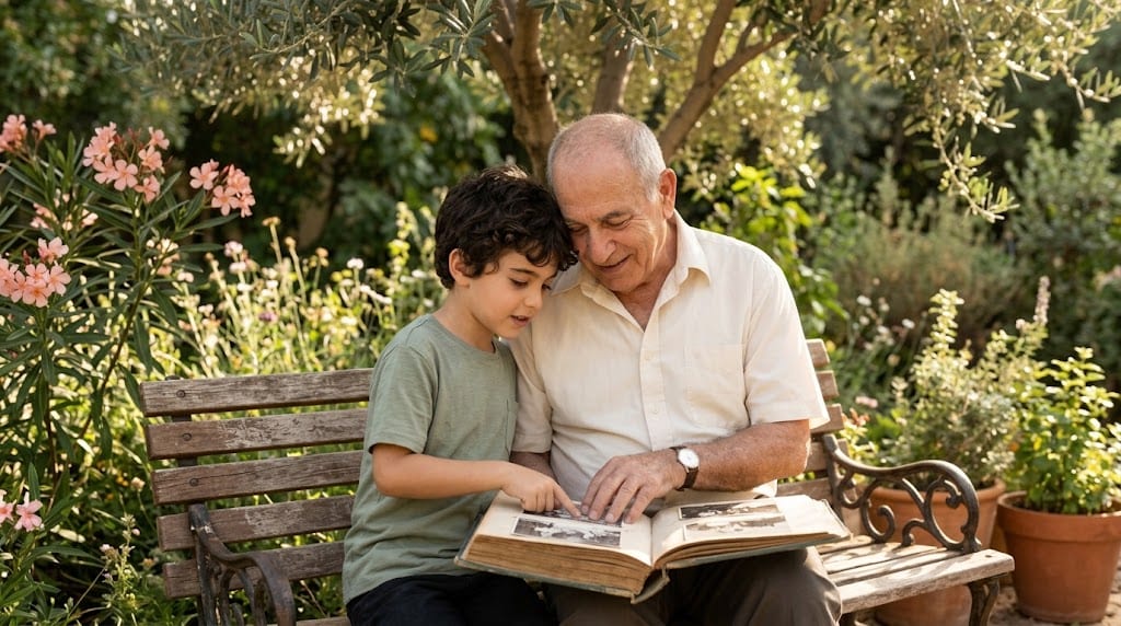 סבא ונכד על ספסל בגינה מעיינים באלבום תמונות ישן